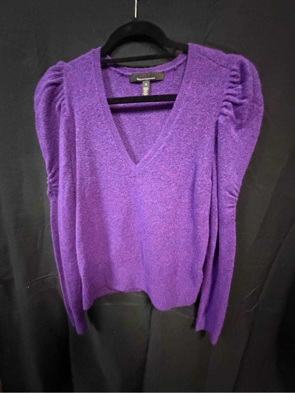 White House Black Market Purple V-Neck Puff Shoulder Sweater